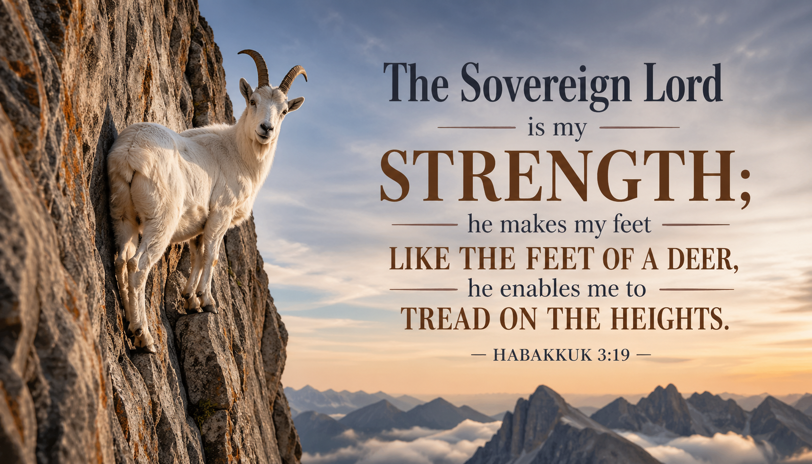 Bible verse wallpaper Habakkuk 3:19 with mountain goat standing on near-vertical cliff face completely relaxed at dangerous height